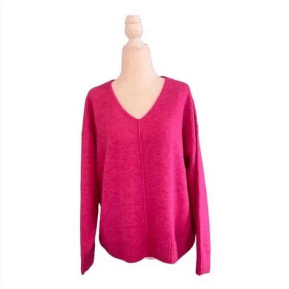 Vince Camuto Cozy Paradox Sweater Pink Drop Shoulder V-Neck Exposed Seams S - Picture 2 of 7